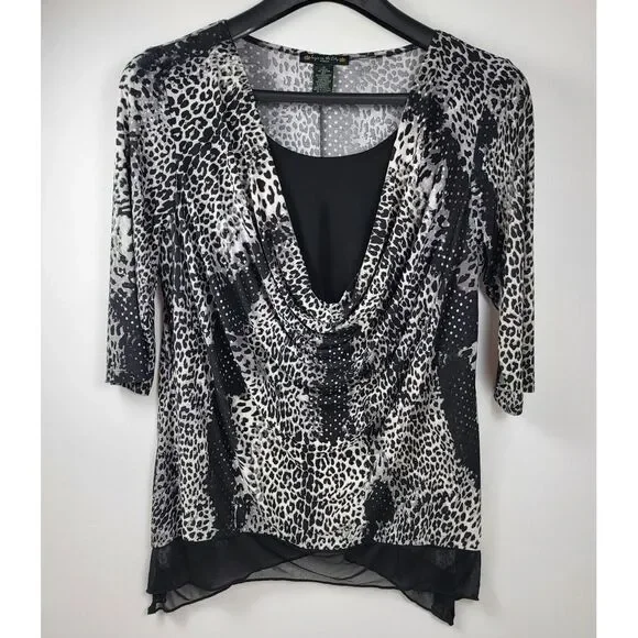 Suzie in the City Blouse Women 1X Black White Leopard print Cowl Neck Layered - Picture 1 of 9